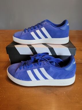 adidas Men’s Grand Court Base 00 Royal Blue Suede Sneakers with White Stripes 9